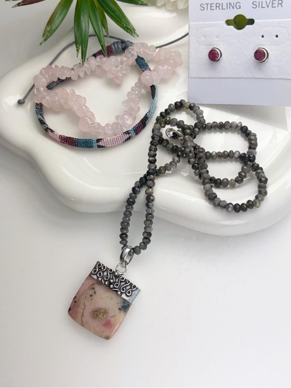 Jewelry Lot Peruvian Pink Opal Pendant Moonstone Necklace Ruby Earrings 925 - Picture 3 of 9